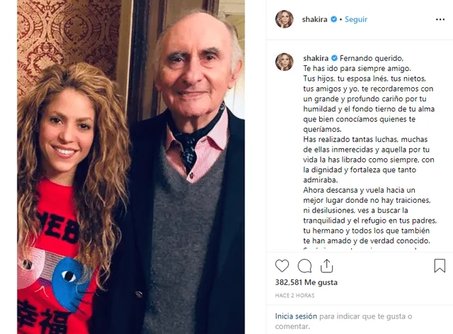 Shakira dedica emotivo mensaje de despedida a su exsuegro Fernando de la Rúa 
