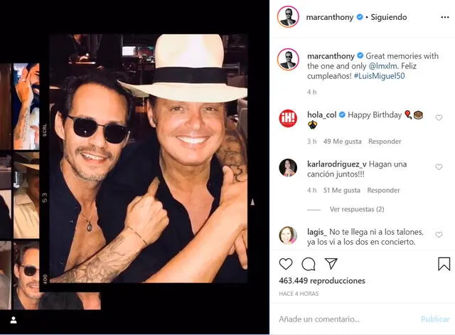 La publicación de Marc Anthony en Instagram para saludar a Luis Miguel por su cumpleaños.