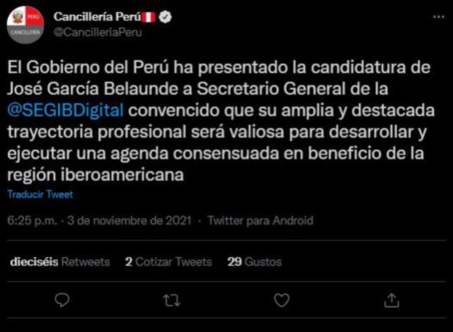 Cancillería del Perú sobre candidatura de José García Belaunde