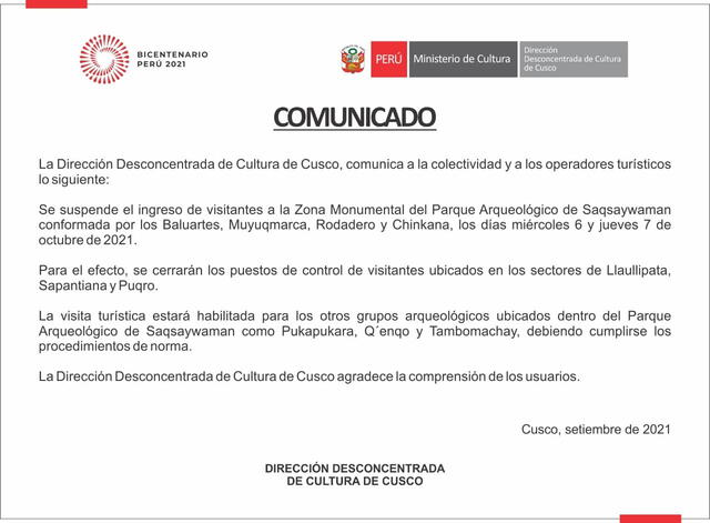 Dirección Desconcentrad de Cultura de Cusco emitió comunicado. Foto: difusión