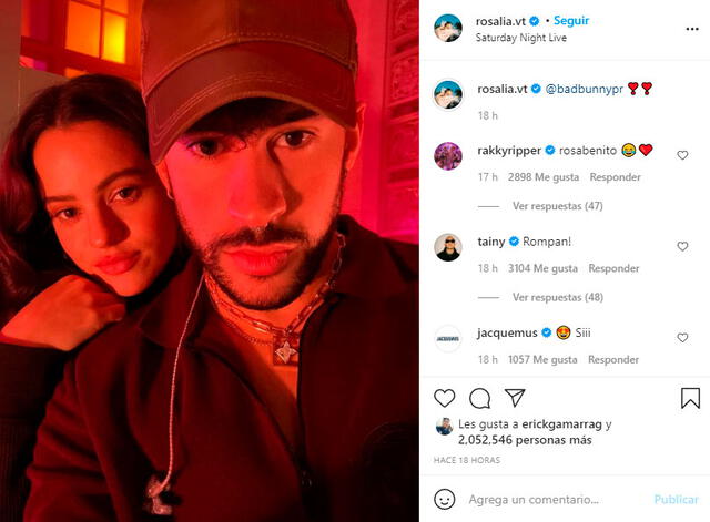 Rosalía compartió un selfie al lado de Bad Bunny tras su presentación en el programa Saturday night. Foto: Rosalía Instagram