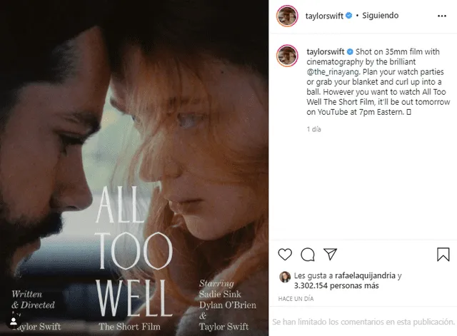 El cortometraje de "All too well" tendrá como protagonistas a Sadie Sink y a Dylan O’brien. Foto: Taylor Swift/Instagram