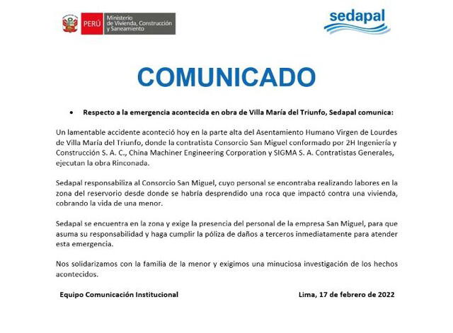 Comunicado de Sedapal. Foto: Twitter Sedapal.