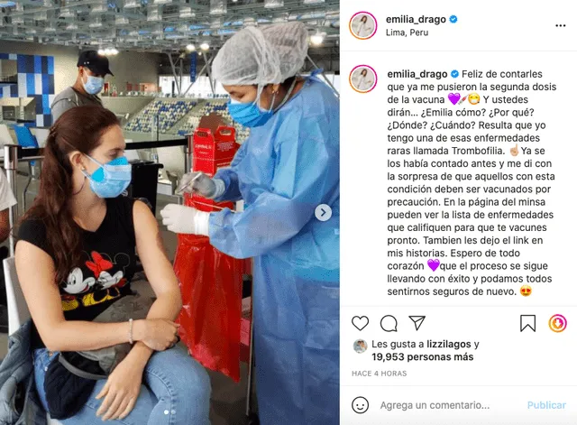 Emilia Drago completó su vacunación contra la COVID-19 al padecer de trombofilia