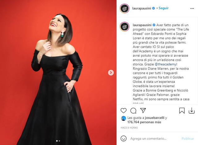 Laura Pausini y su mensaje tras no obtener el Oscar. Foto: captura/Instagram