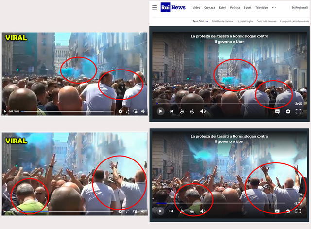 Misma escenas expuestas por el video viral y el video Rai News. Foto: composición.