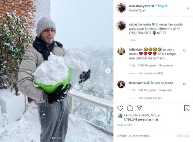 Sebastián Yatra en tormenta de nieve en Madrid
