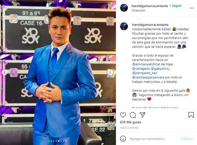 Harold Gamarra salió airoso de su primera gala de eliminación en Yo soy Chile. Foto: Haolrd Gamarra Instagram