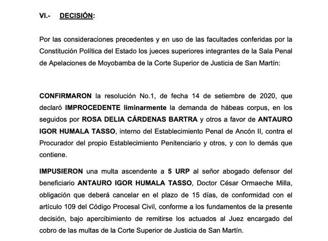 Poder Judicial rechaza nuevo hábeas corpus que solicitaba su excarcelación de Antauro Humala. Foto: Captura resolución Nº 4