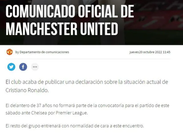 Comunicado Manchester United. Foto: captura