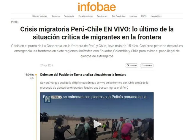  Crisis migratoria en la frontera Perú-Chile. Foto: captura de Infobae<br>    