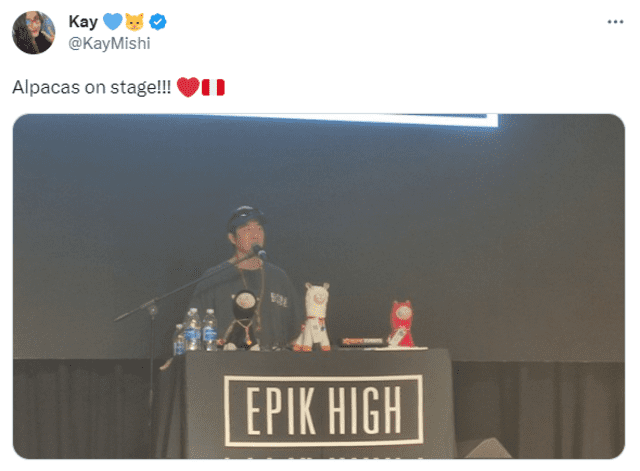 DJ Tukutz y las tres llamas de peluche que el público obsequió a Epik High en concierto de Perú