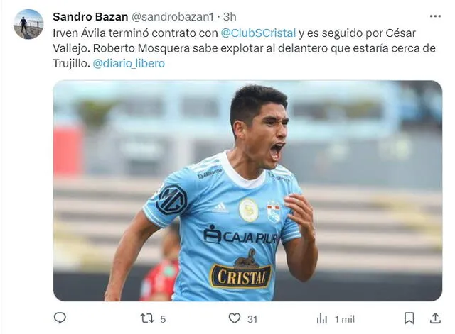  Irvén Ávila no seguirá en Sporting Cristal. Foto: captura/X Sandro Bazán   