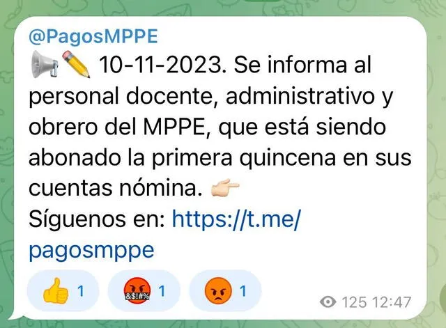 La primera quincena del MPPE llegó el 10 de noviembre. Foto: Pagos MPPE/Telegram