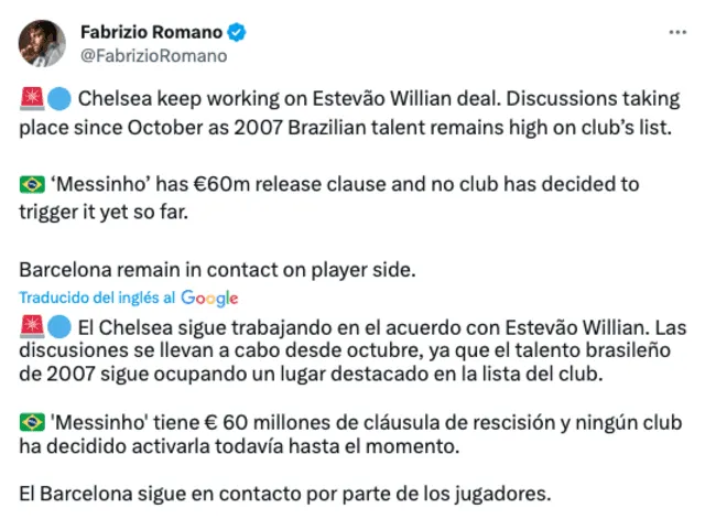 Información del posible fichaje de 'Messinho' por Chelsea. Foto: Twitter.   