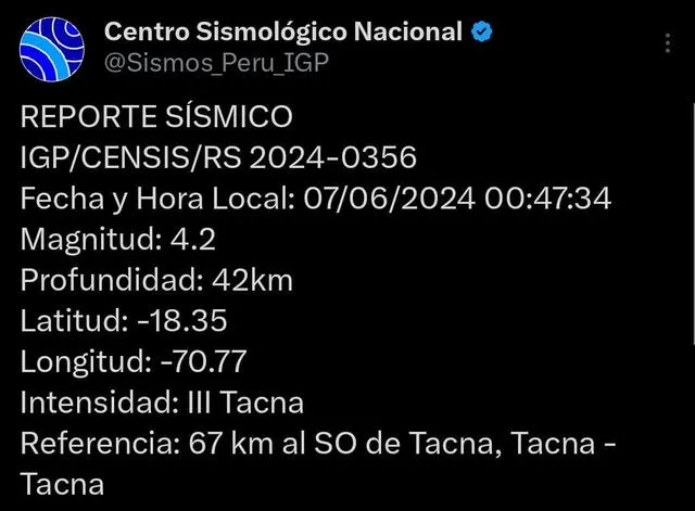  Temblor de 4.2 de magnitud en Tacna.   