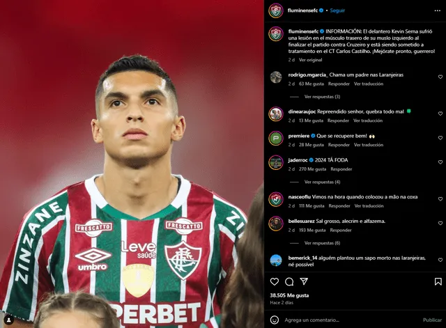  Fluminense anunció que Kevin Serna sufrió una dura lesión muscular que lo alejaría de las canchas. Foto: captura    