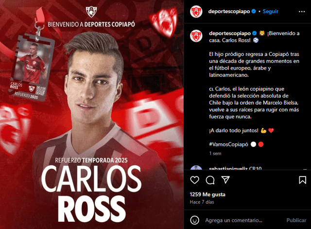  Deportes Copiapó anunció el fichaje de Ross, quien ya jugó en el club en 2013 y 2014-2015. Foto: captura    