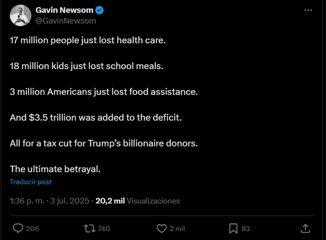 Newsom arremete contra la ley de Trump. Foto: X Newsom arremete contra la ley de Trump. Foto: X