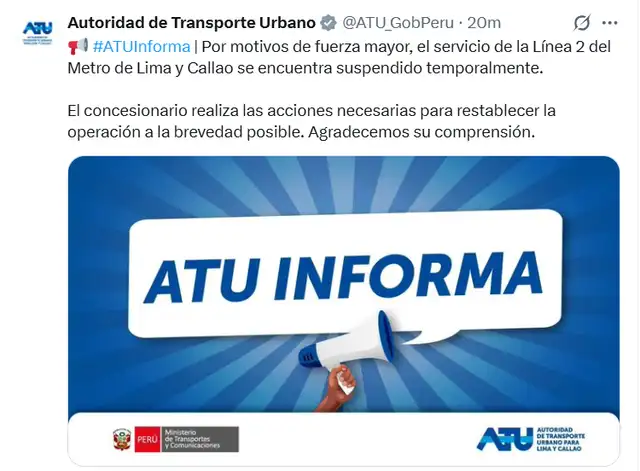 ATU anuncia suspensión del servicio de la Línea 2 del Metro de Lima y Callao. Foto: X/@ATU_GobPerú