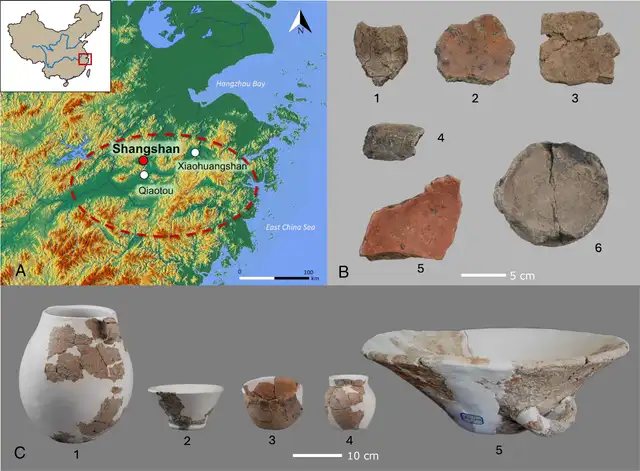 Mapa de yacimientos Shangshan y análisis arqueológico de sus fragmentos de cerámica junto a las vasijas completas. Foto: PNAS