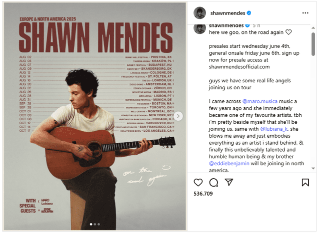 Shawn Mendes announces new tour. Photo: @shawnmendes on Instagram Shawn Mendes announces new tour. Photo: @shawnmendes on Instagram