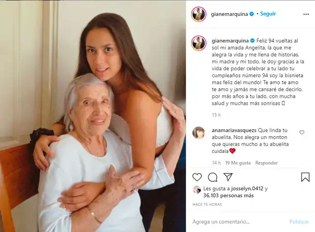 Gianella Marquina, hija mayor de Melissa Klug, publicó una foto al lado de su bisabuela. Foto Gianella Marquina Instagram