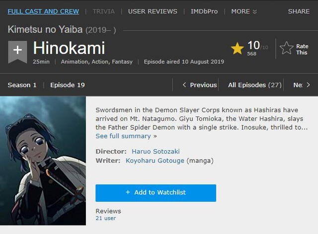 Kimetsu no Yaiba tiene uno de los mejores capítulos de TV según IMDb