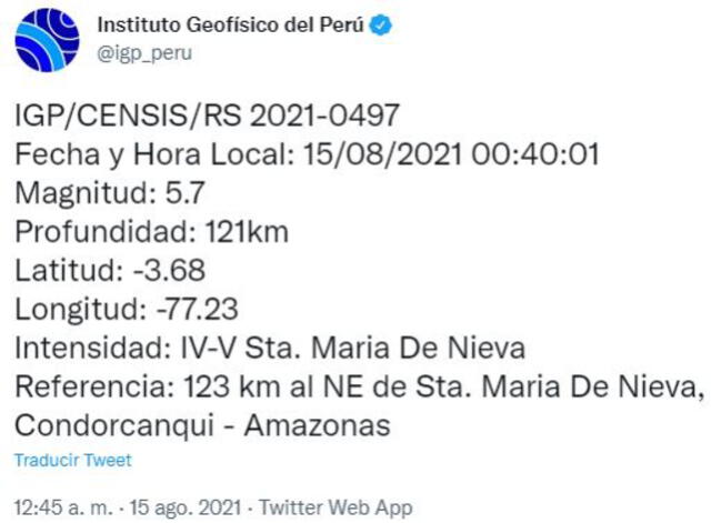 Foto: captura Twitter Instituto Geofísico del Perú