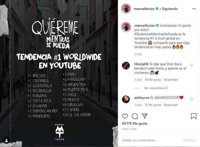 Manuel Turizo anunció el éxito de su videoclip en Instagram.