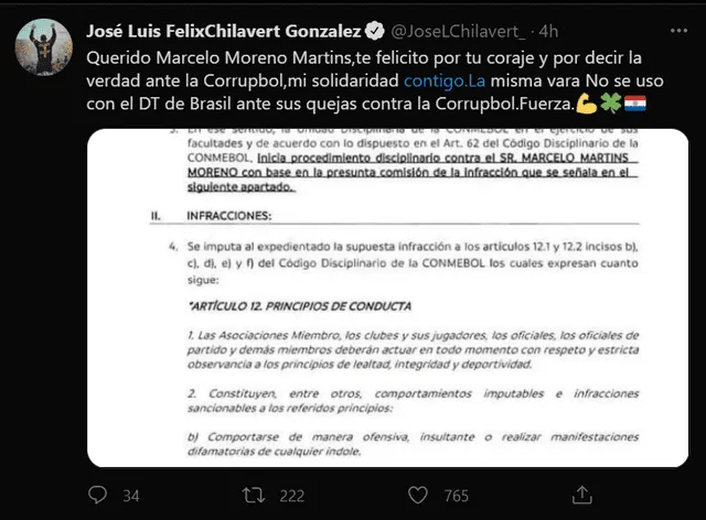 Tuit de José Luis Chilavert en apoyo a Marcelo Martins. Foto: Captura de Twitter