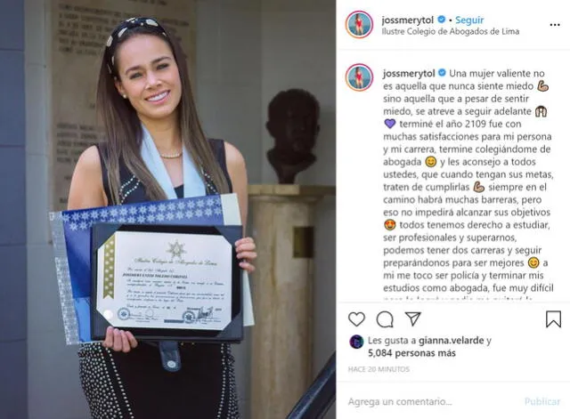 Jossmery Toledo se licencia como abogada y lo comparte en Instagram.