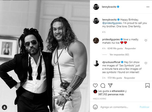 Lenny  Kravitz sorprendió a Jason Momoa con una dedicatoria en redes sociales por su cumpleaños. Foto: Lenny Kravitz / Instagram