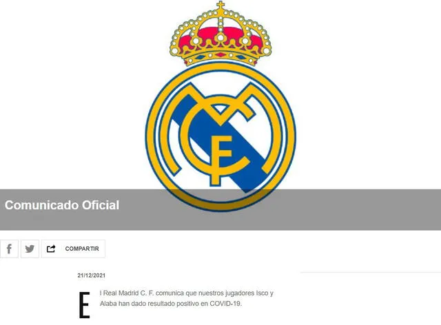 Así anunció el Real Madrid los contagios de Alaba e Isco. Foto: Real Madrid.