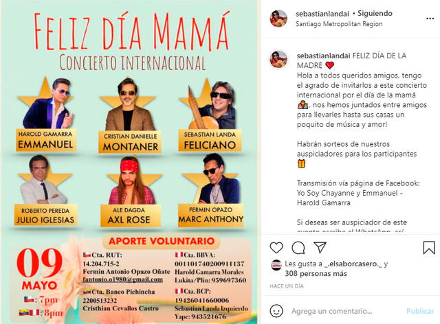 Sebastián Landa (José Feliciano) se une a otros artistas de Yo soy Chile en concierto virtual por el Día de la madre. Foto: Sebastián Landa Instagram
