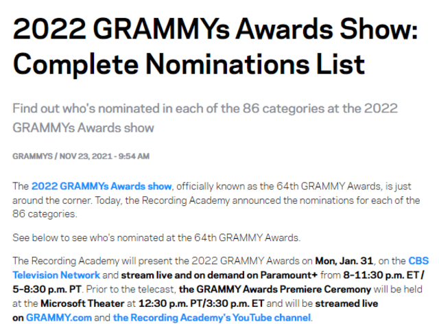 Grammys 2022, BTS, nominados