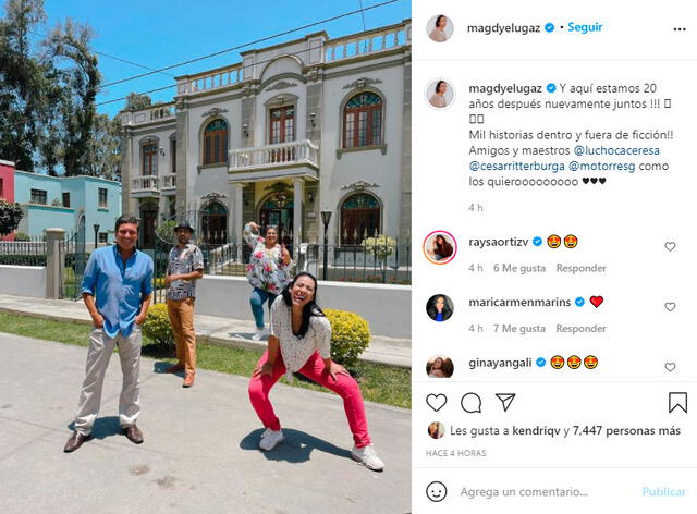 Magdyel Ugaz recuerda la serie Mil oficios con fotografía al lado de César Ritter, Lucho Cáceres y Mónica Torres. Foto: Instagram