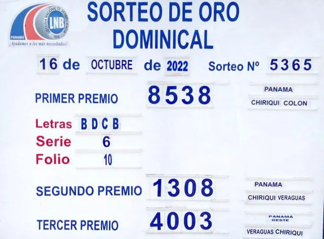 Resultados del sorteo dominical de HOY 16 de octubre. Foto: Lotería de Panamá.