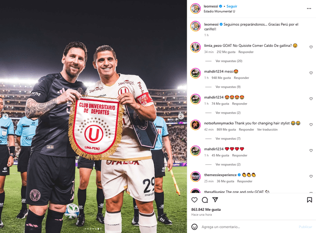  Lionel Messi publicó una foto junto a Aldo Corzo y el escudo de Universitario en sus redes sociales. Foto: captura    