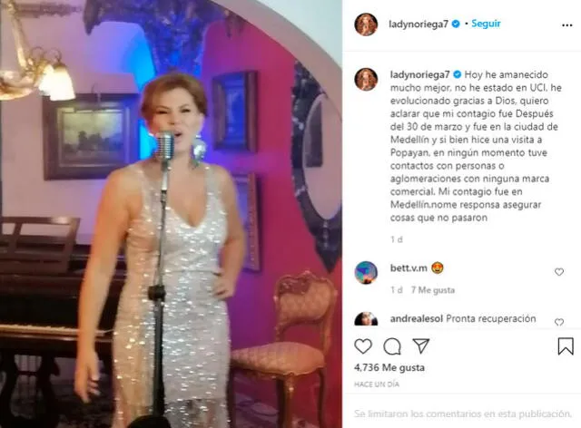 Lady Noriega anunció la mejora de su salud por medio de las redes sociales. Foto: Lady noriega Instagram