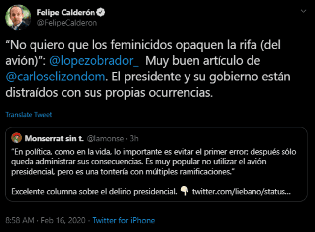 Felipe Calderón compartió el artículo de Carlos Elizondo. (Foto: Captura)