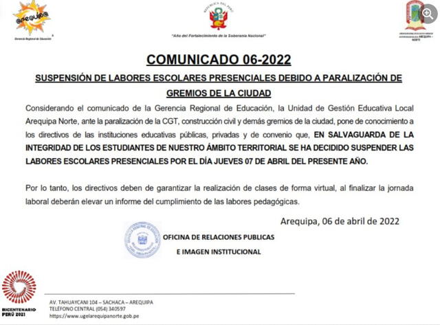 Comunicado. Foto: UGEL Norte