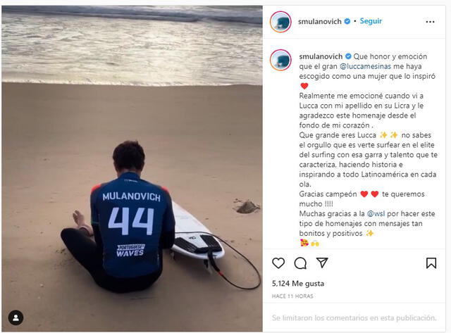 Sofía Mulanovich agradeció el gesto de Lucca Mesinas a través de su Instagram