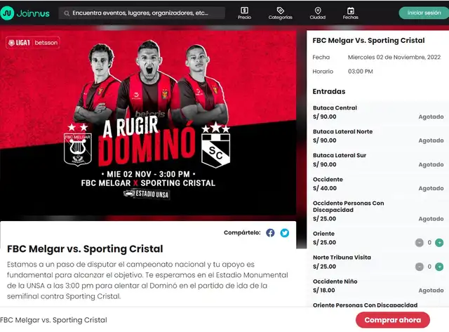 Occidente quedó agotado para la semifinal Melgar vs. Cristal. Foto: captura de Joinnus Occidente quedó agotado para la semifinal Melgar vs. Cristal. Foto: captura de Joinnus
