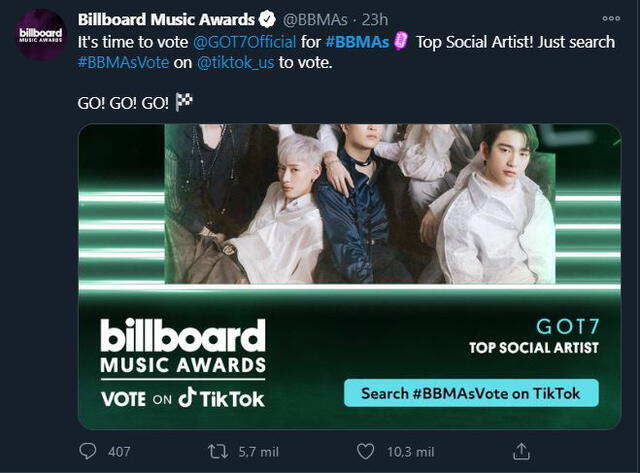 Billboard Music Awards sobre GOT7. Foto: Captura Twitter
