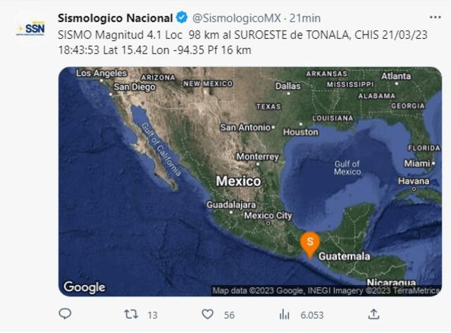 último sismo registrado el México. Foto: Twitter/ @SismologicoMX   