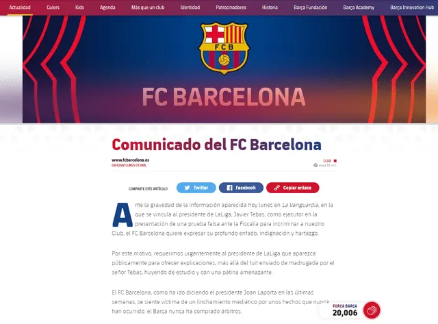 Comunicado FC Barcelona. Foto: FC Barcelona/web   