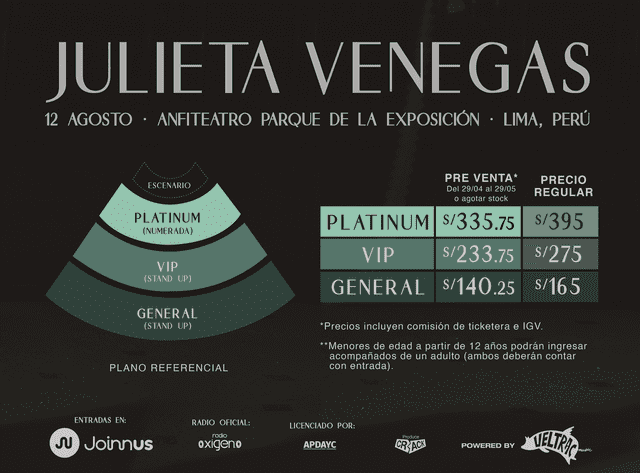 Los precios para ver a Julieta Venegas. Foto: Joinnus   