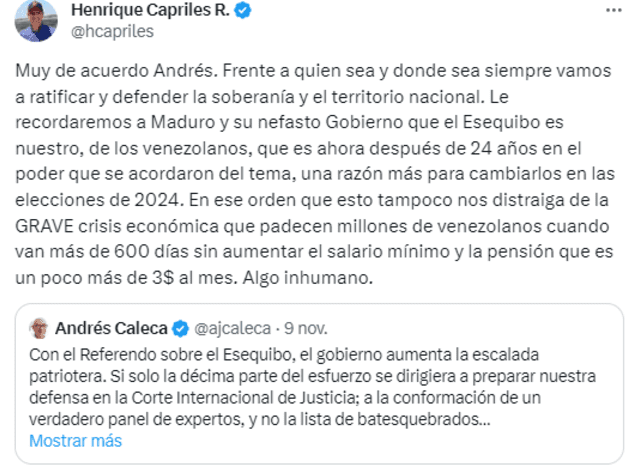 Referendo Consultivo por el Esequibo 2023: ¿qué opositores respaldan el plebiscito? | consultivo 2023 cne org ve | plan república 2023 | el Esequibo es nuestro | Venezuela Esequibo | María Corina Machado | Nicolás Maduro | referendum chavista | Henrique Capriles | Guyana | Andrés Caleca | Twitter | X