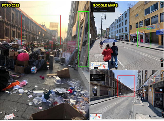  Este parangón, entre la pieza de 2022 y las imágenes de Google Street View, prueba que la escena fue capturada en México y no, en el Cercado de Lima, Perú . Foto: capturas en X / Halcon y Google Maps.&nbsp;<br><br>    